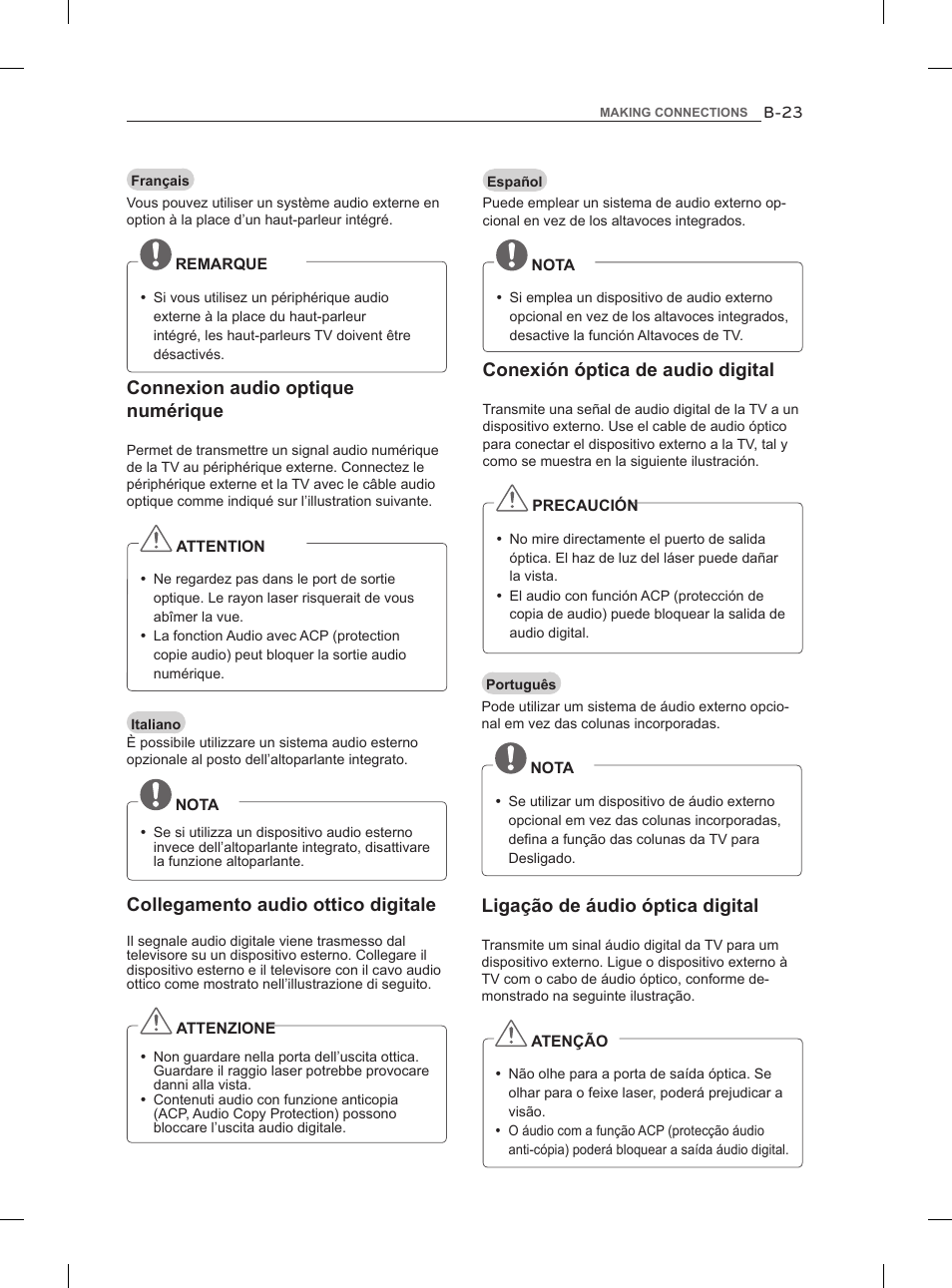 Connexion audio optique numérique, Collegamento audio ottico digitale, Conexión óptica de audio digital | Ligação de áudio óptica digital | LG 47LM860V User Manual | Page 291 / 313