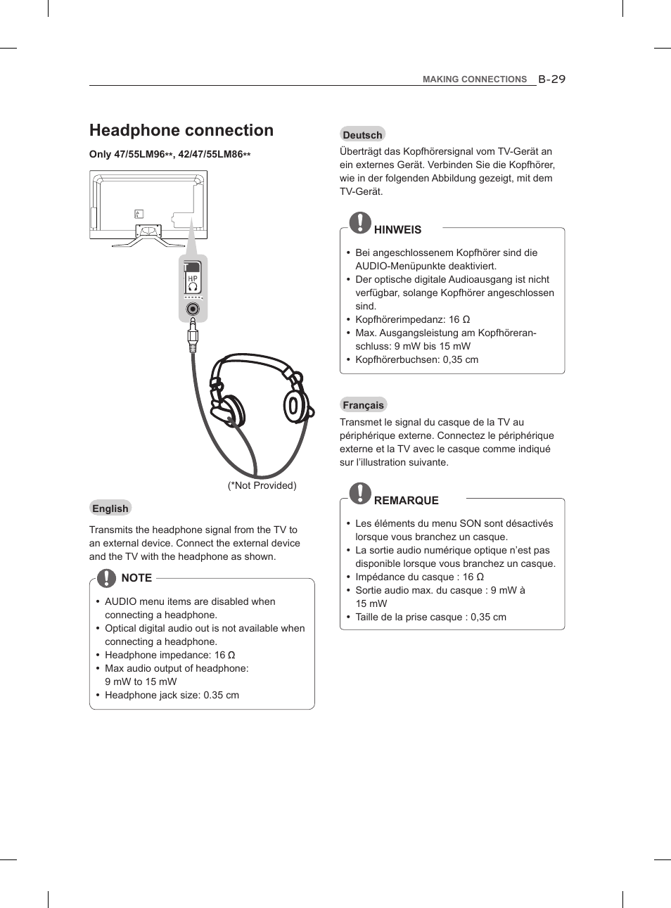 Headphone connection | LG 47LM860V User Manual | Page 297 / 313