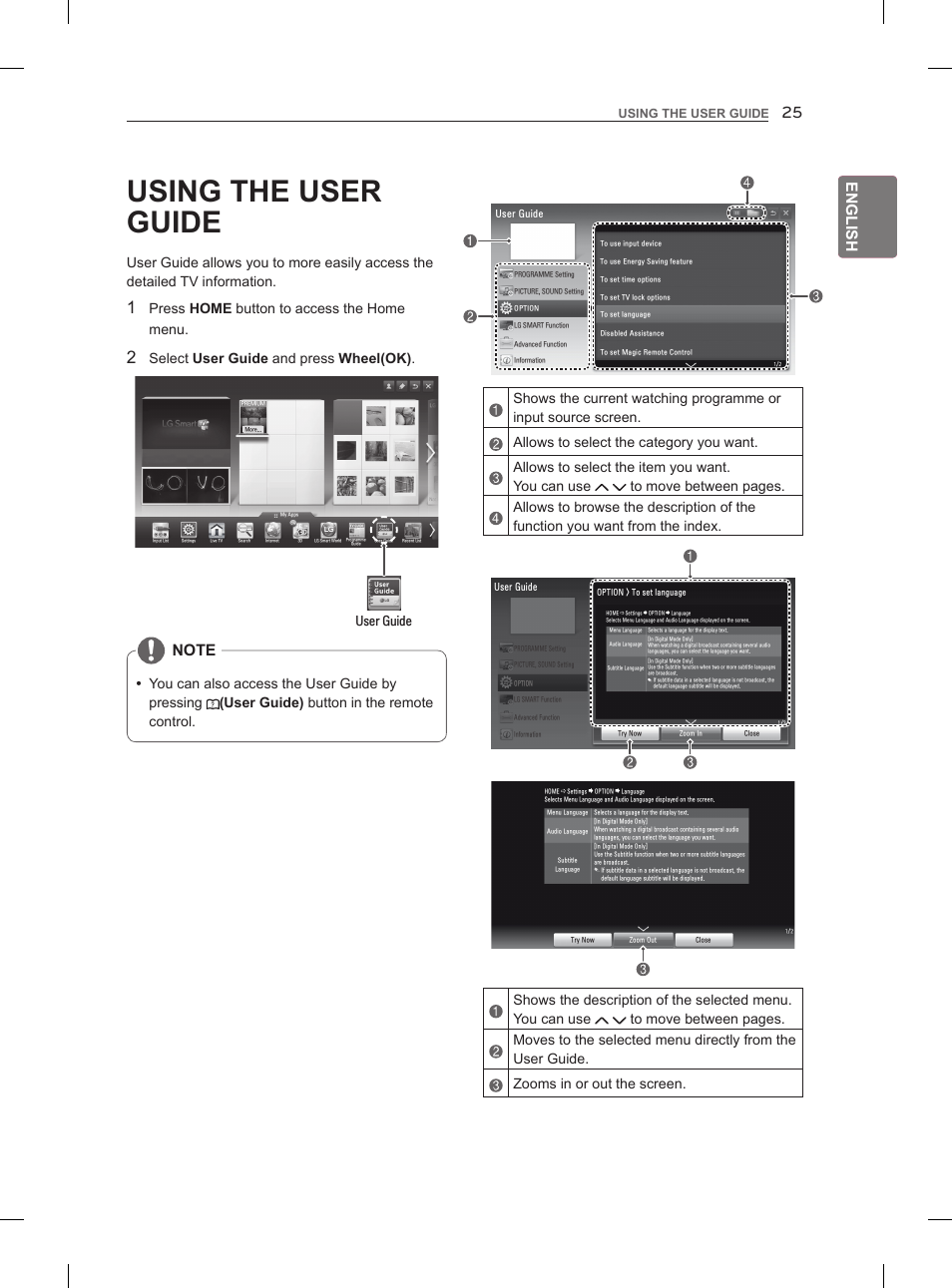 Using the user guide, English, Press home button to access the home menu | User guide | LG 47LM860V User Manual | Page 35 / 313