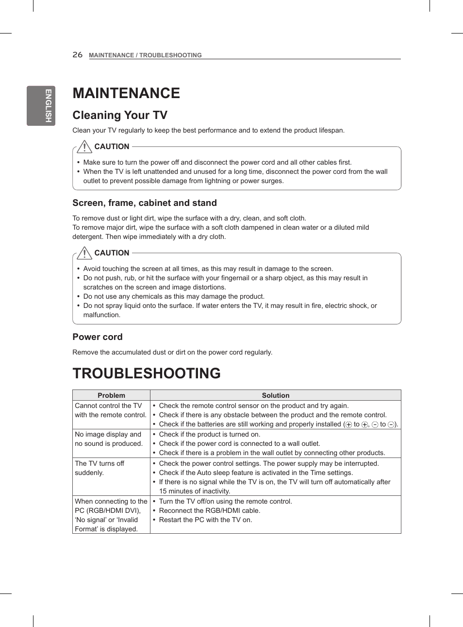 Troubleshooting, Maintenance, Cleaning your tv | LG 47LM860V User Manual | Page 36 / 313