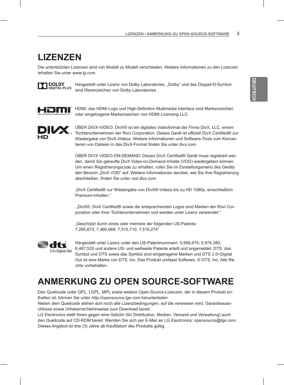 Lizenzen, Anmerkung zu open source-software | LG 47LM860V User Manual | Page 41 / 313