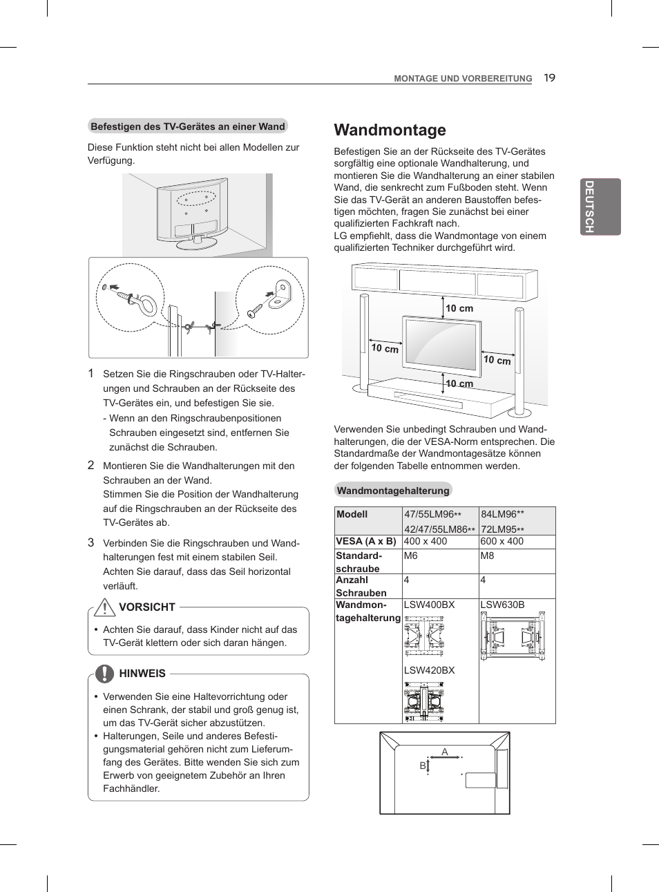 Wandmontage | LG 47LM860V User Manual | Page 57 / 313