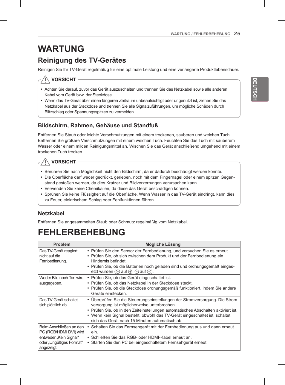 Fehlerbehebung, Wartung, Reinigung des tv-gerätes | LG 47LM860V User Manual | Page 63 / 313