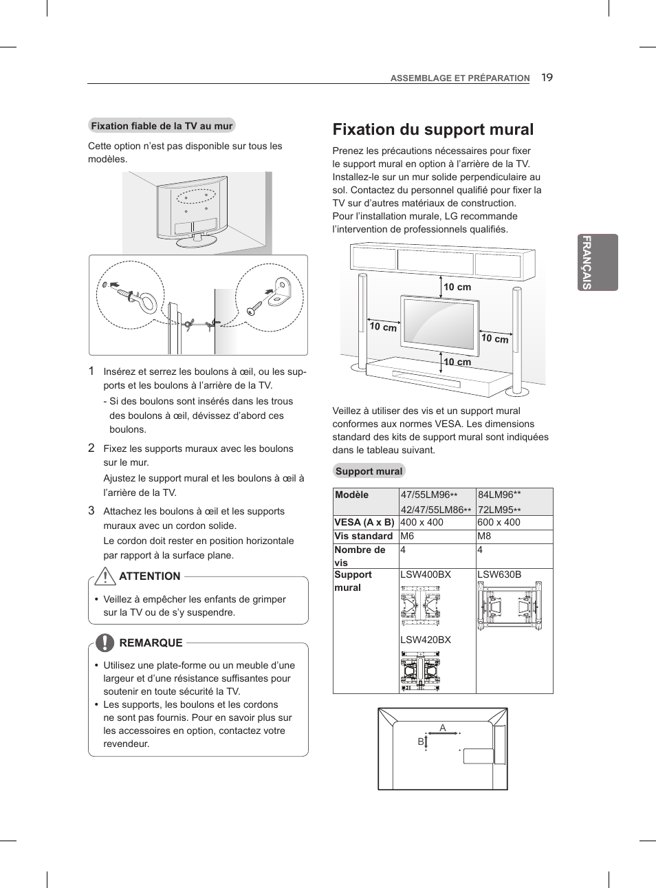 Fixation du support mural | LG 47LM860V User Manual | Page 85 / 313
