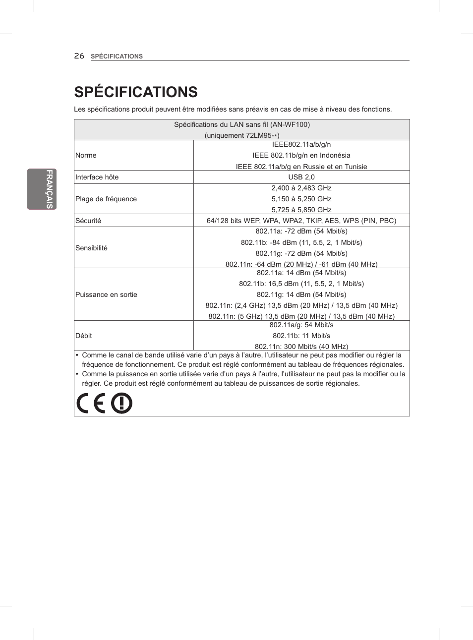 Spécifications | LG 47LM860V User Manual | Page 92 / 313