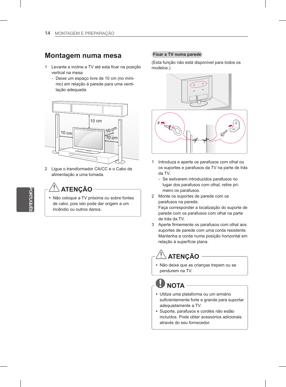 Montagem numa mesa, Atenção, Nota | LG 29LN450B User Manual | Page 125 / 223