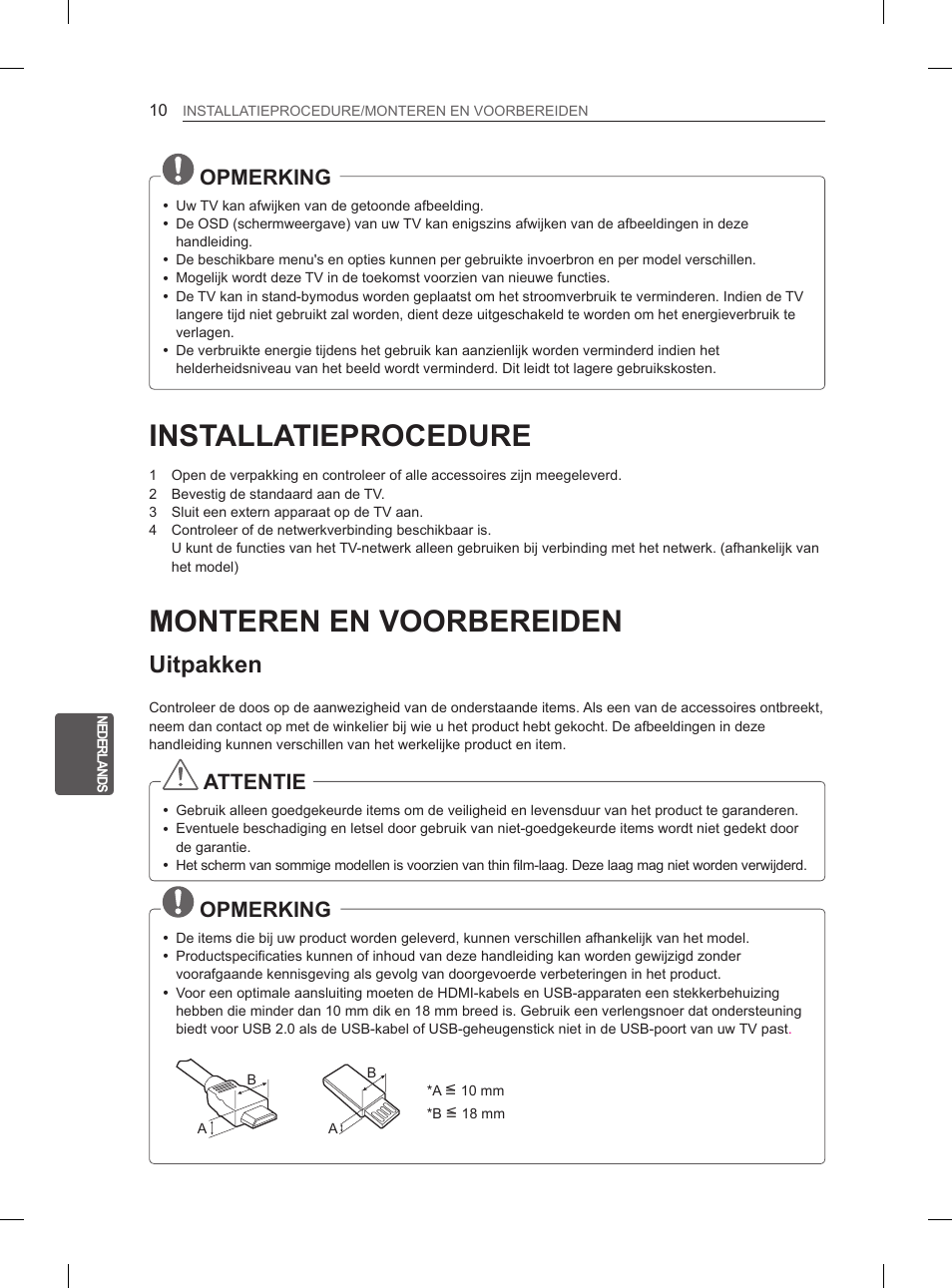 Installatieprocedure, Monteren en voorbereiden, Uitpakken | Opmerking, Attentie | LG 29LN450B User Manual | Page 141 / 223