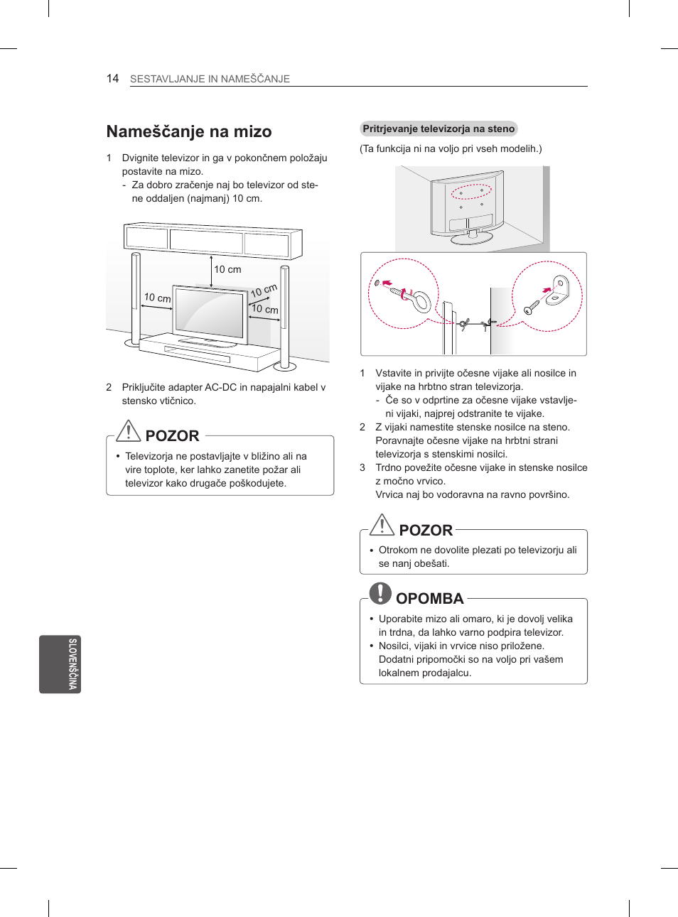 Nameščanje na mizo, Pozor, Opomba | LG 29LN450B User Manual | Page 185 / 223