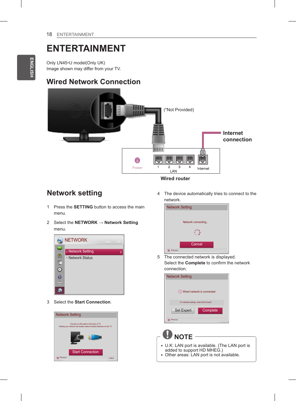 Entertainment, Network setting, Wired network connection | Internet connection | LG 29LN450B User Manual | Page 25 / 223