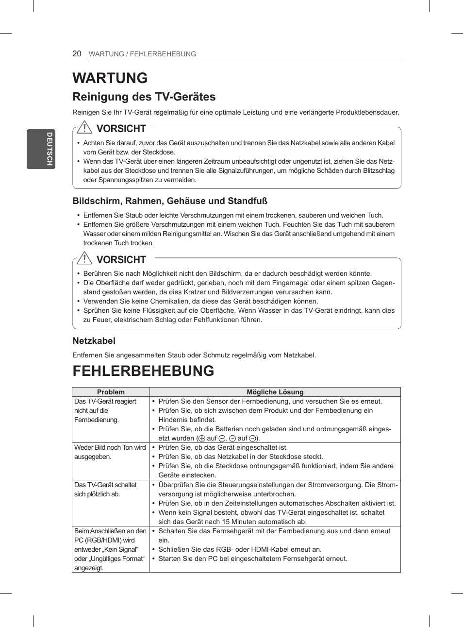 Fehlerbehebung, Wartung, Reinigung des tv-gerätes | Vorsicht | LG 29LN450B User Manual | Page 47 / 223
