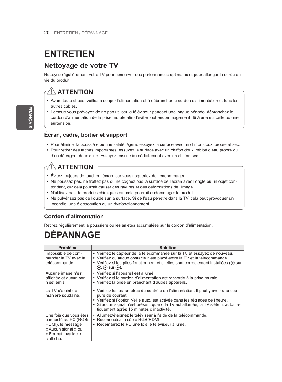 Dépannage, Entretien, Nettoyage de votre tv | Attention | LG 29LN450B User Manual | Page 67 / 223