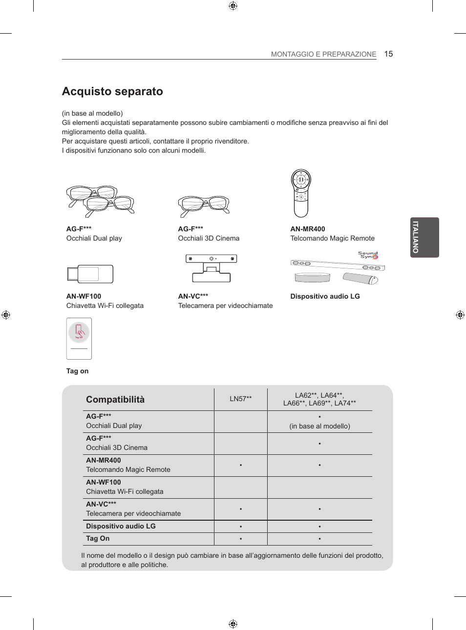 Acquisto separato, Compatibilità | LG 47LA640S User Manual | Page 112 / 329