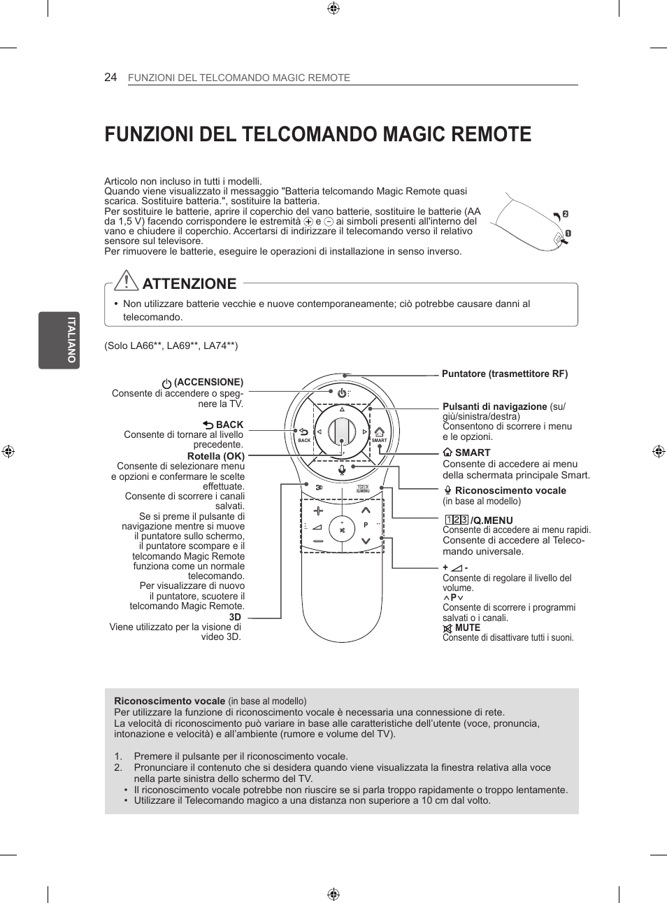 Funzioni del telcomando magic remote, Attenzione | LG 47LA640S User Manual | Page 121 / 329