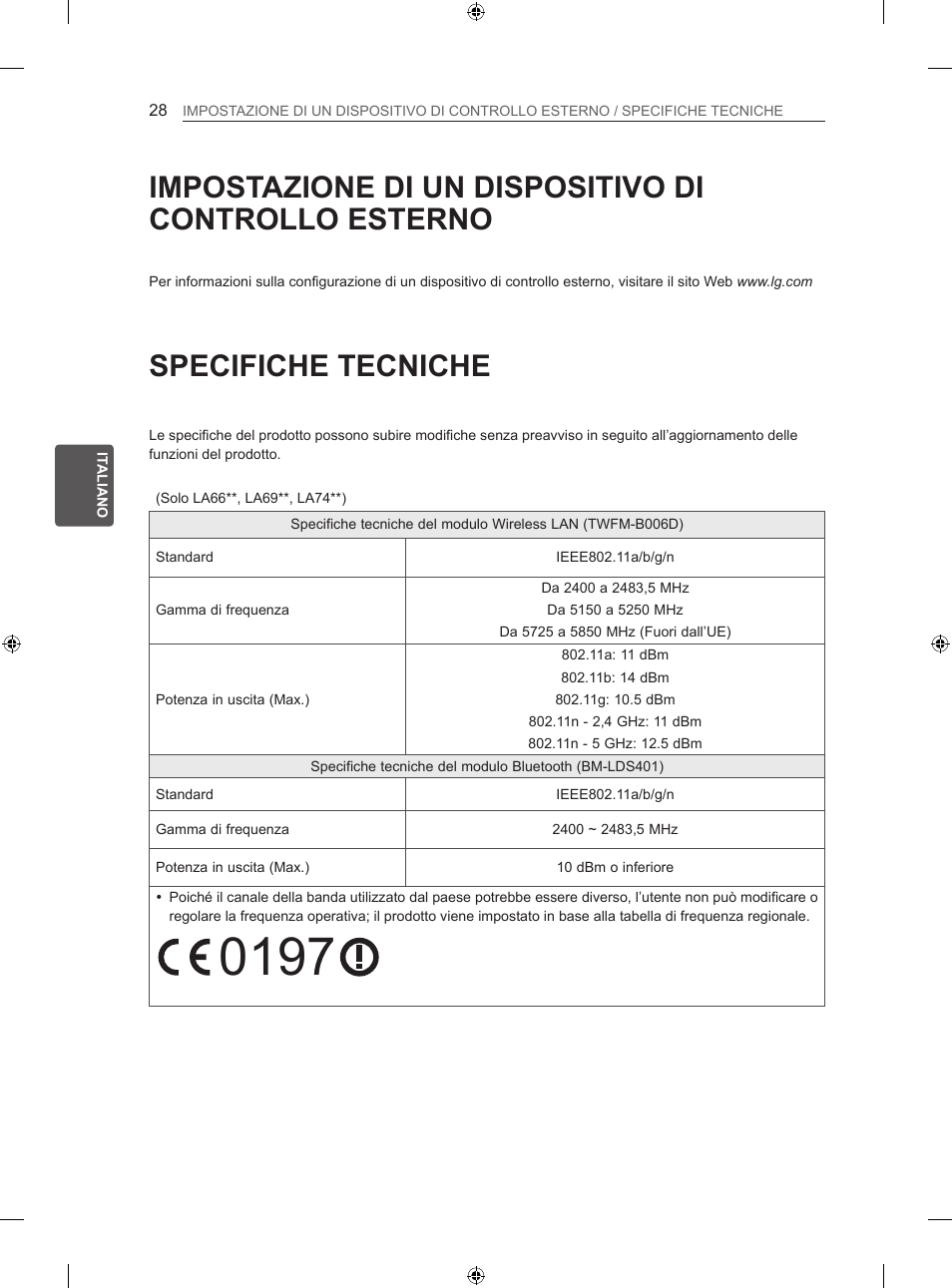 Specifiche tecniche | LG 47LA640S User Manual | Page 125 / 329