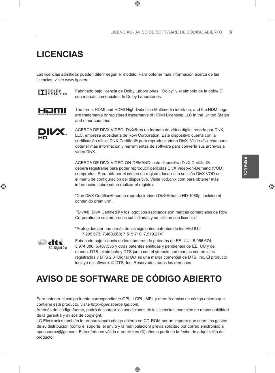 Licencias, Aviso de software de código abierto | LG 47LA640S User Manual | Page 138 / 329