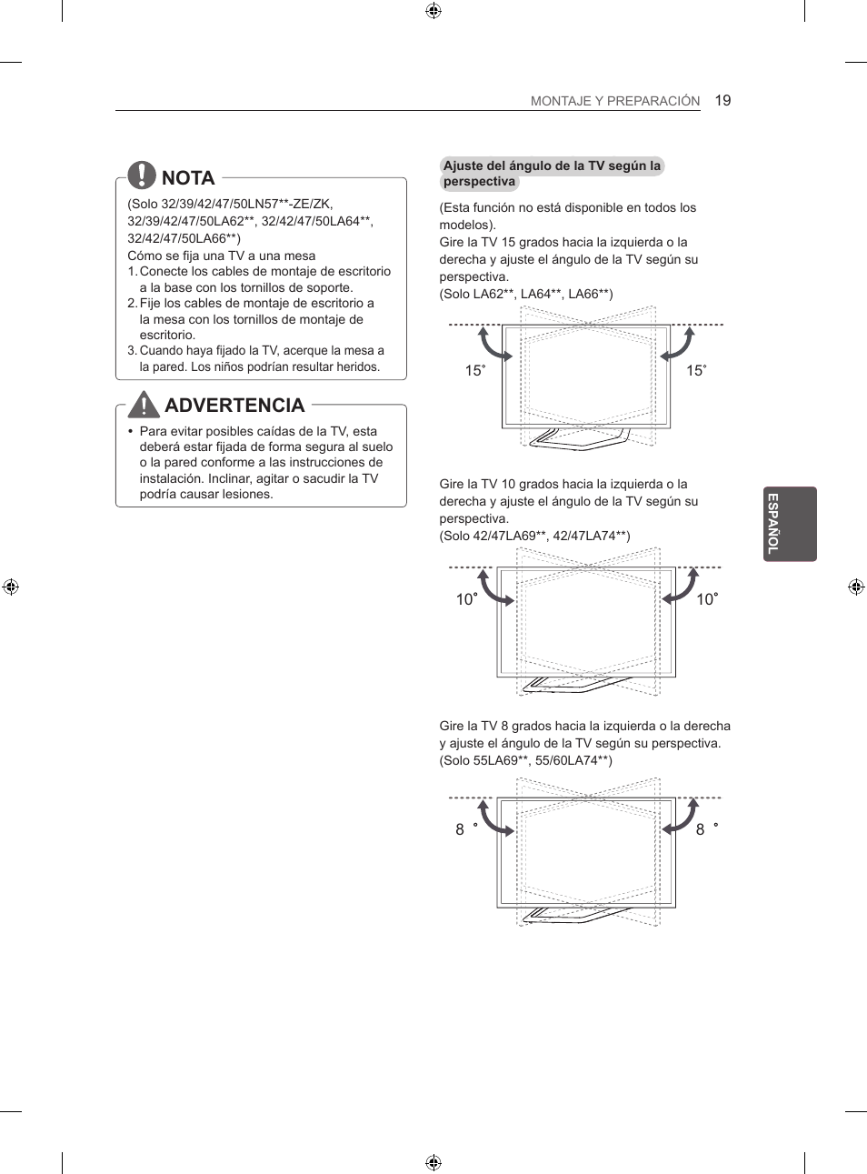 Nota, Advertencia | LG 47LA640S User Manual | Page 154 / 329