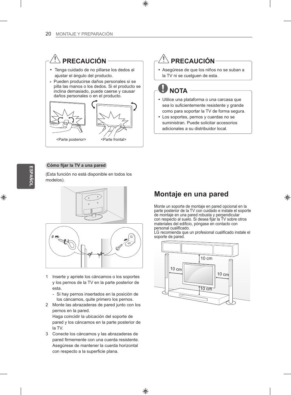 Montaje en una pared, Precaución, Nota | LG 47LA640S User Manual | Page 155 / 329