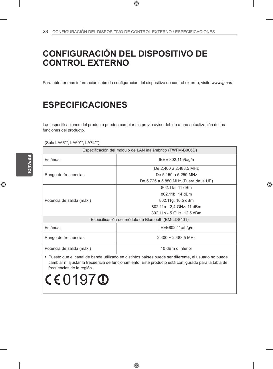 Especificaciones, Configuración del dispositivo de control externo | LG 47LA640S User Manual | Page 163 / 329