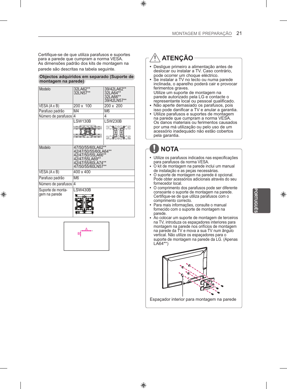 Atenção, Nota | LG 47LA640S User Manual | Page 186 / 329