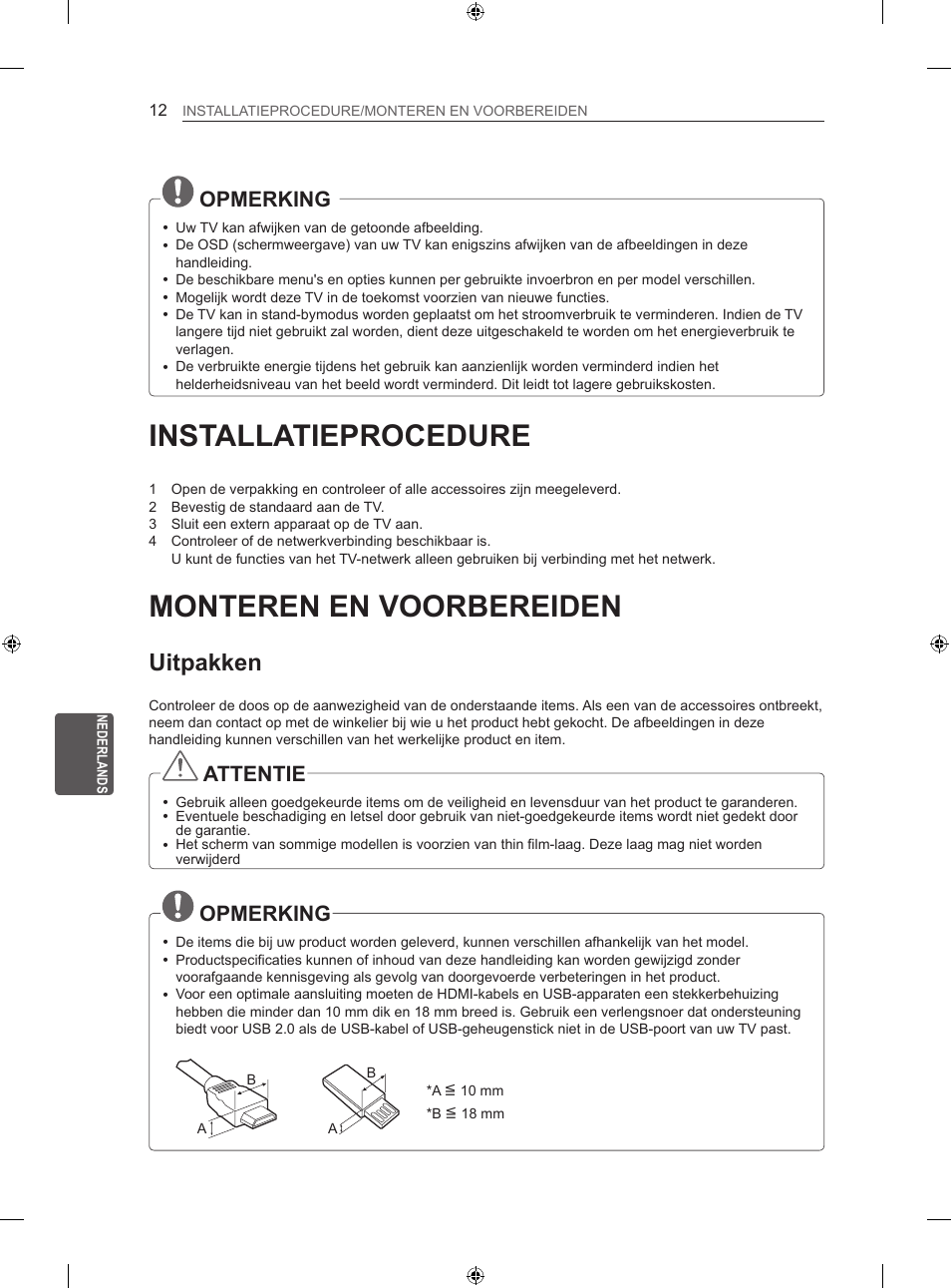 Installatieprocedure, Monteren en voorbereiden, Uitpakken | Opmerking, Attentie | LG 47LA640S User Manual | Page 207 / 329