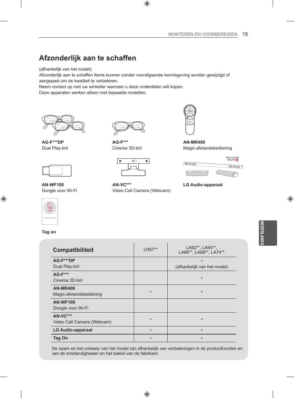 Afzonderlijk aan te schaffen, Compatibiliteit | LG 47LA640S User Manual | Page 210 / 329