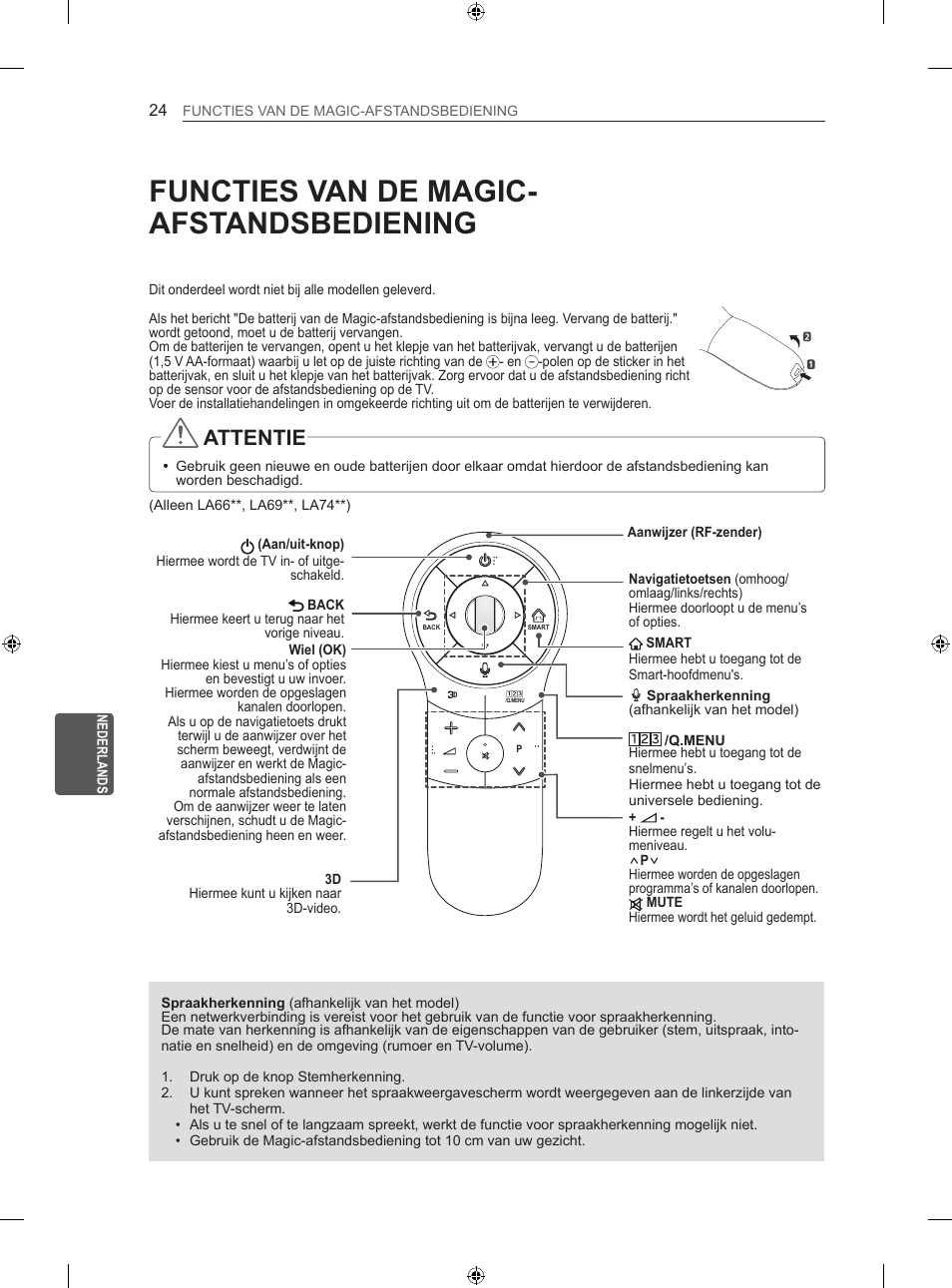 Functies van de magic- afstandsbediening, Attentie | LG 47LA640S User Manual | Page 219 / 329