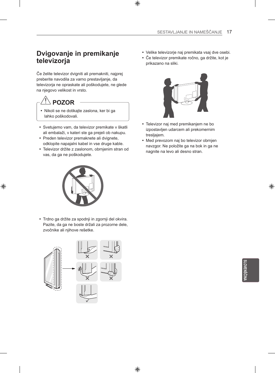 Dvigovanje in premikanje televizorja, Pozor | LG 47LA640S User Manual | Page 272 / 329