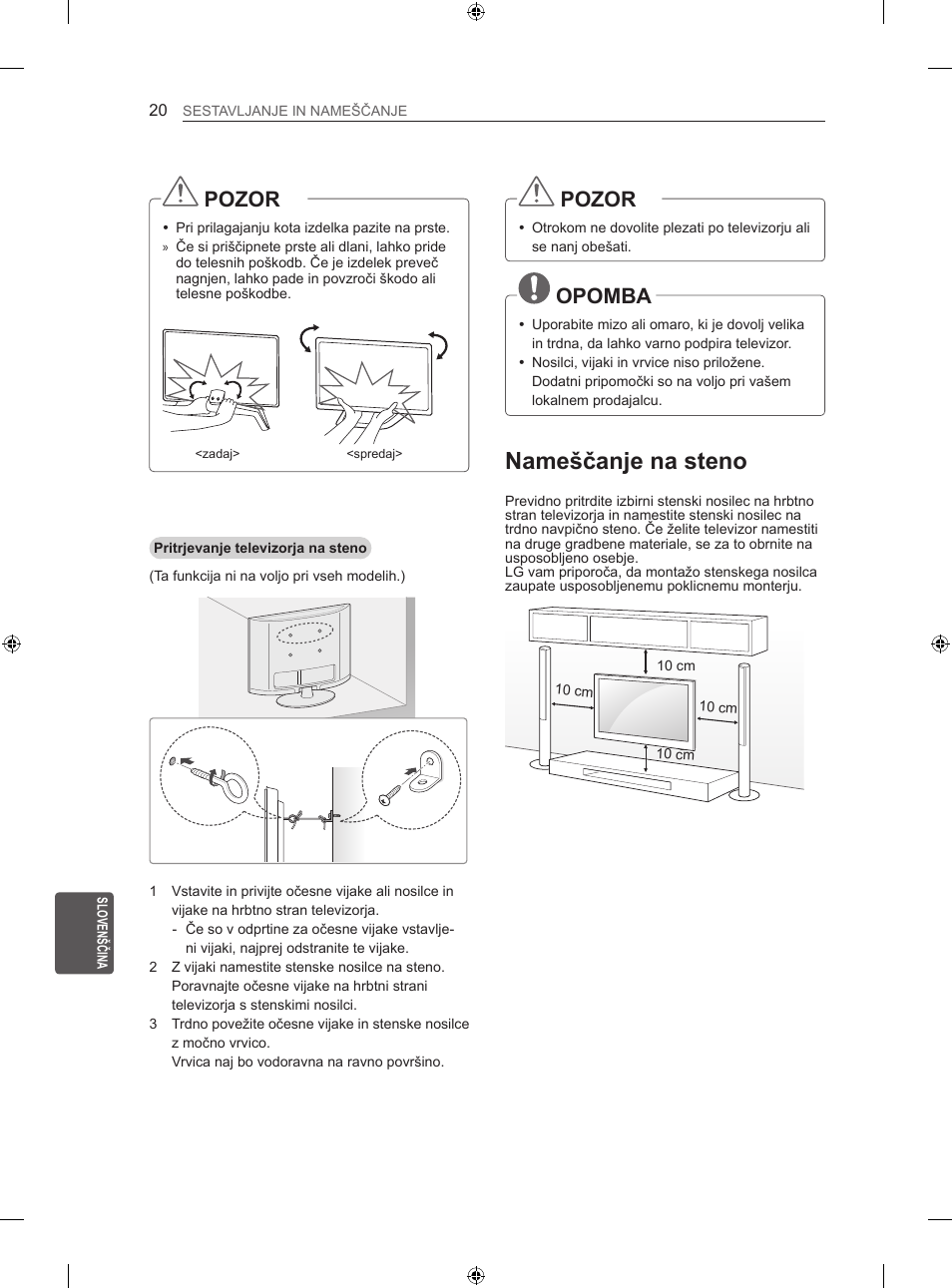 Nameščanje na steno, Pozor, Opomba | LG 47LA640S User Manual | Page 275 / 329