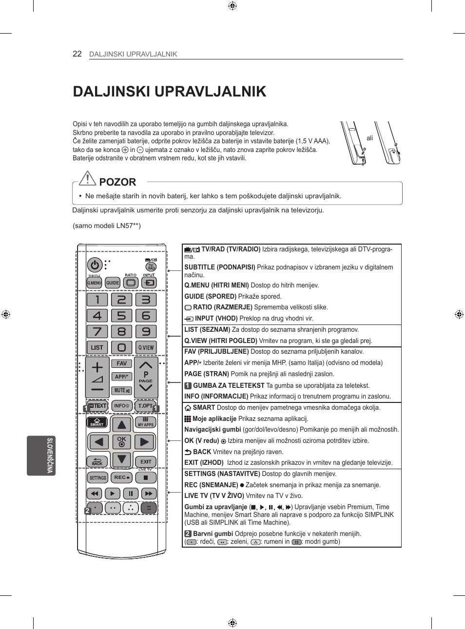 Daljinski upravljalnik, Pozor | LG 47LA640S User Manual | Page 277 / 329