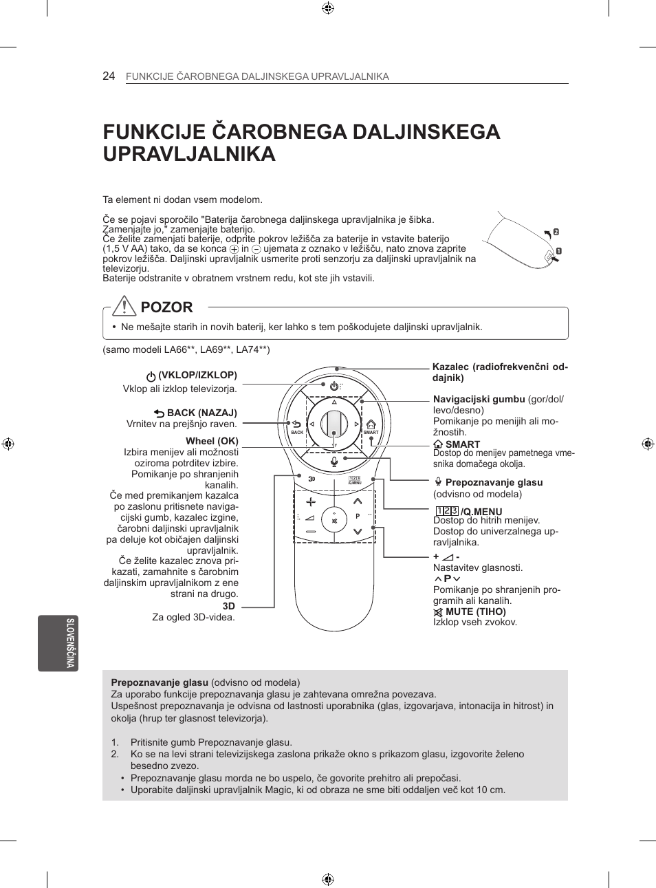 Funkcije čarobnega daljinskega upravljalnika, Pozor | LG 47LA640S User Manual | Page 279 / 329