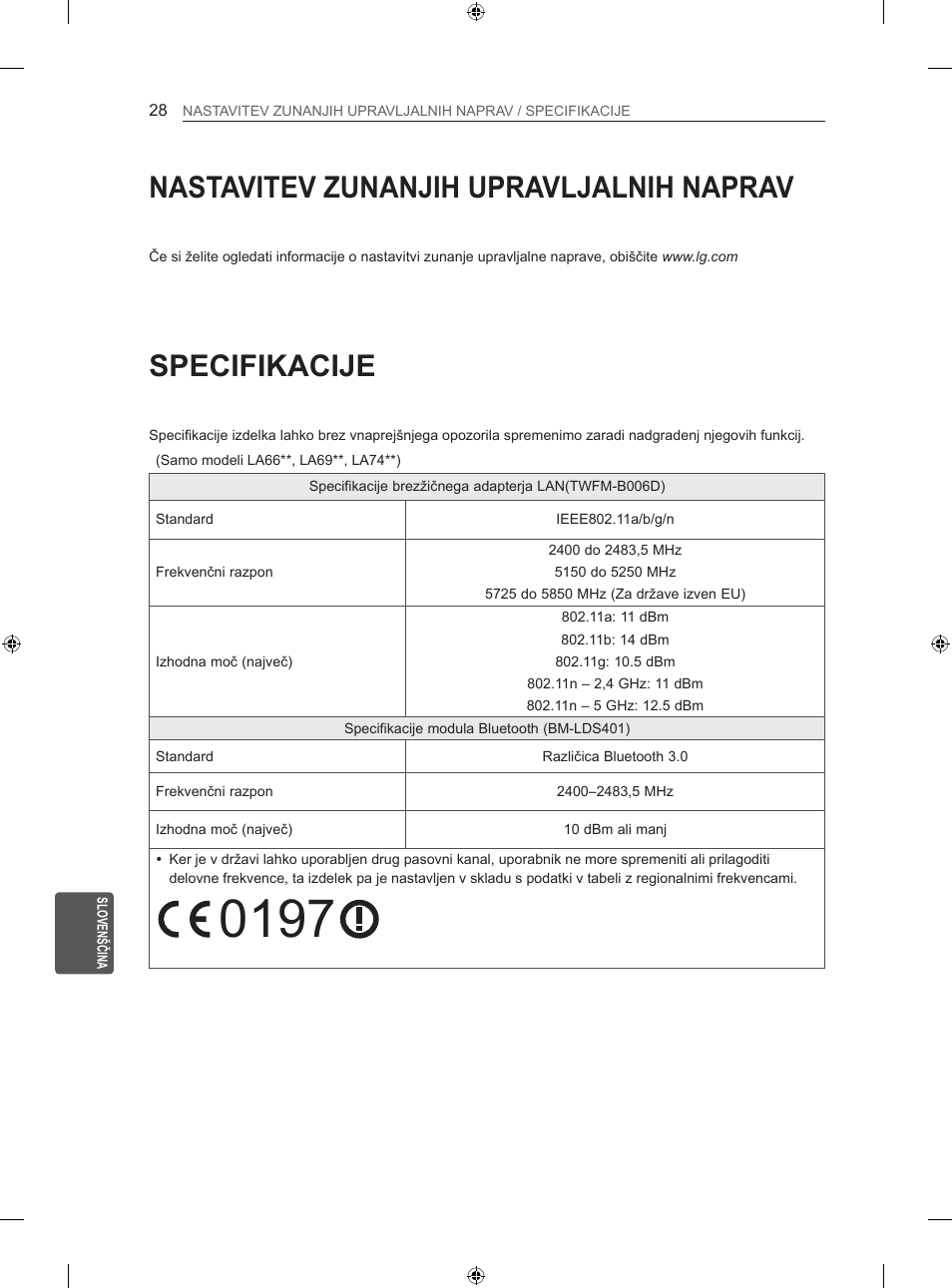 Specifikacije, Nastavitev zunanjih upravljalnih naprav | LG 47LA640S User Manual | Page 283 / 329