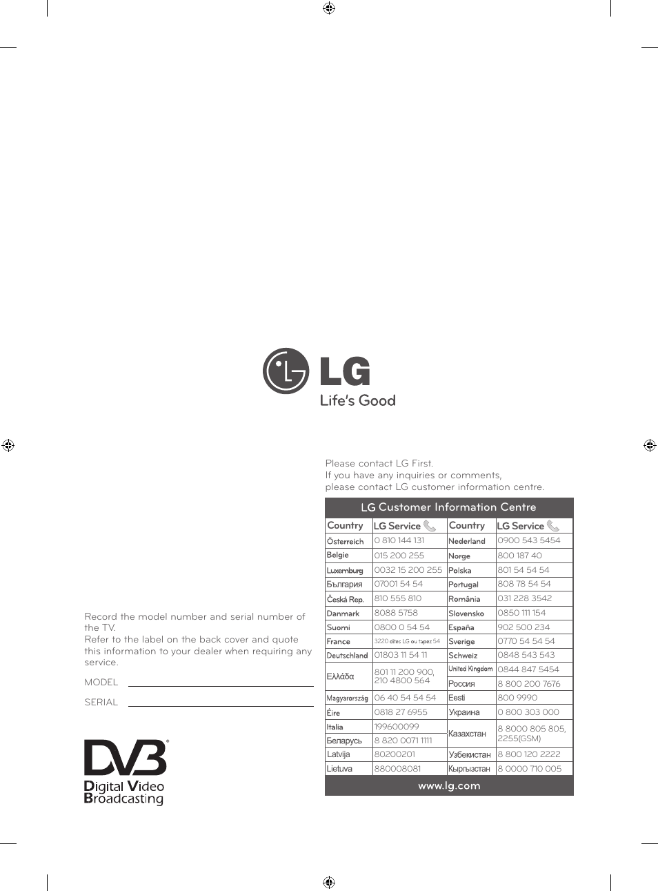 Customer information centre | LG 47LA640S User Manual | Page 329 / 329