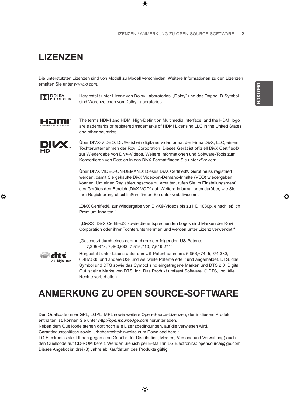 Lizenzen, Anmerkung zu open source-software | LG 47LA640S User Manual | Page 40 / 329