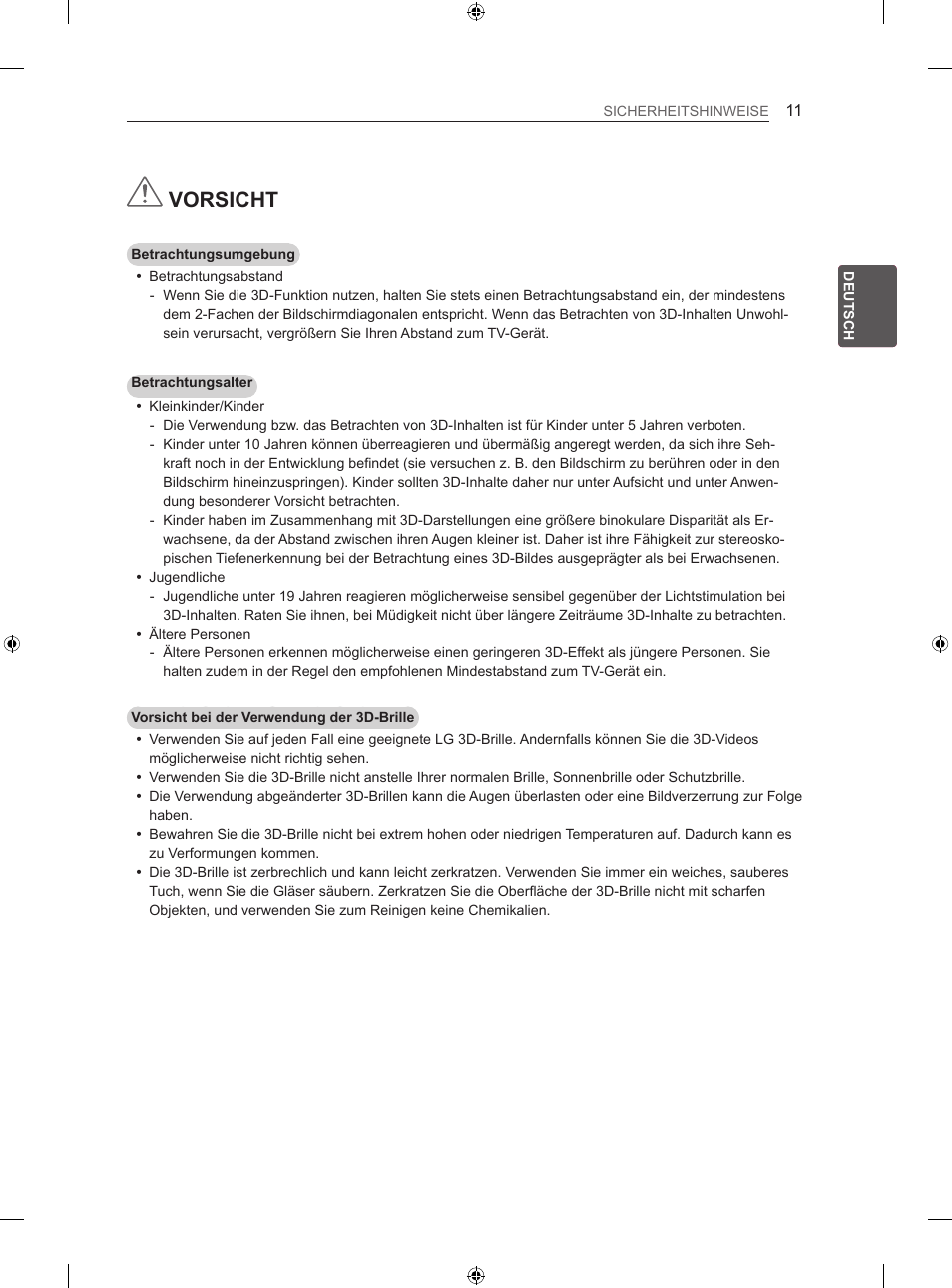 Vorsicht | LG 47LA640S User Manual | Page 48 / 329