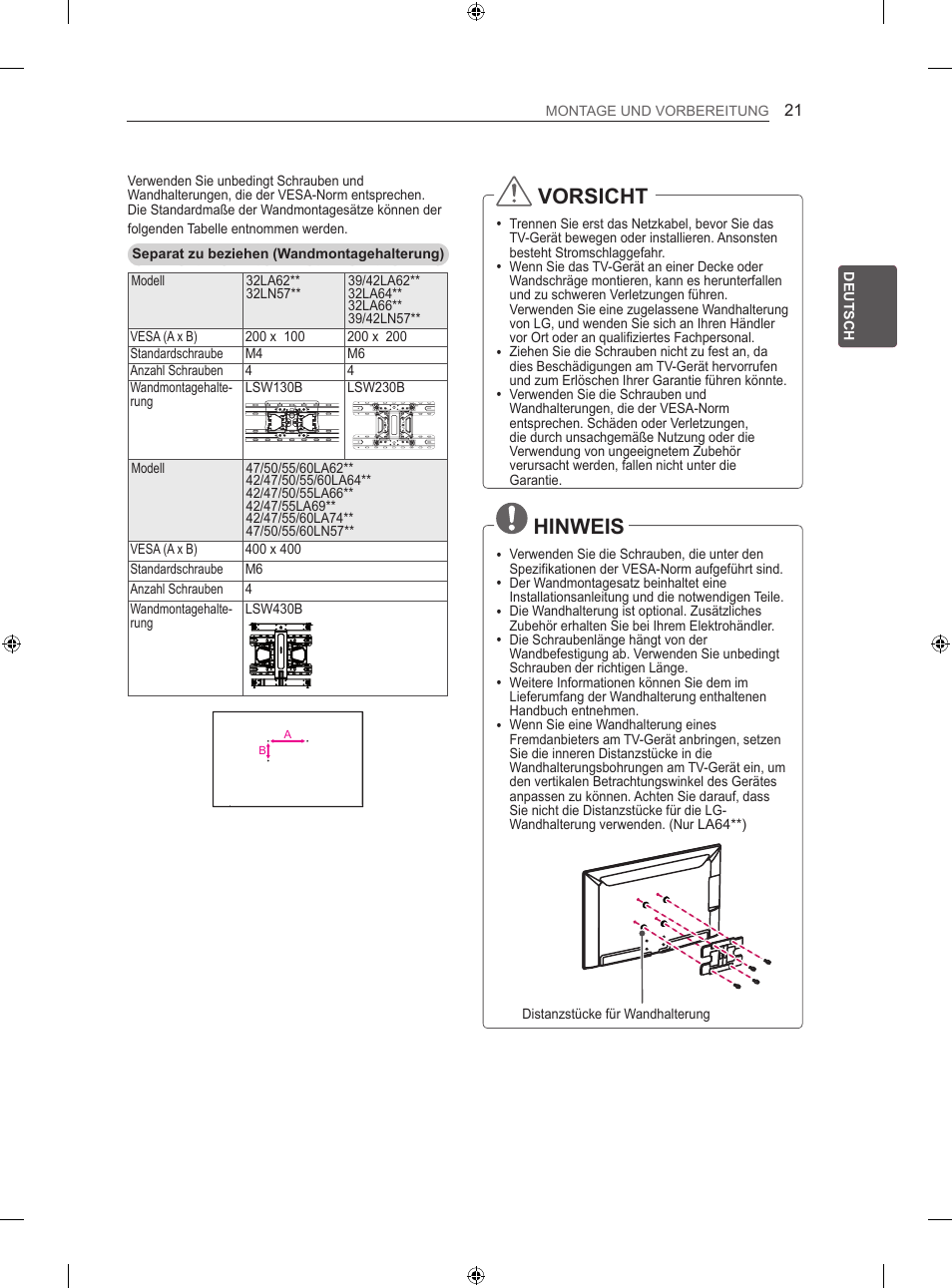 Vorsicht, Hinweis | LG 47LA640S User Manual | Page 58 / 329