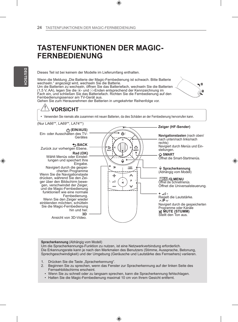 Tastenfunktionen der magic- fernbedienung, Vorsicht | LG 47LA640S User Manual | Page 61 / 329