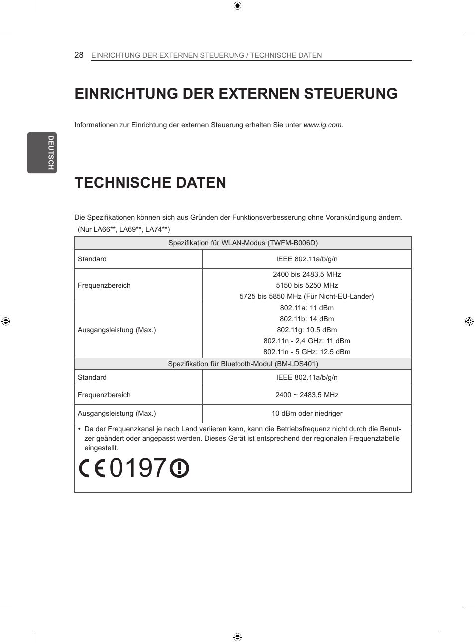 Technische daten, Einrichtung der externen steuerung | LG 47LA640S User Manual | Page 65 / 329