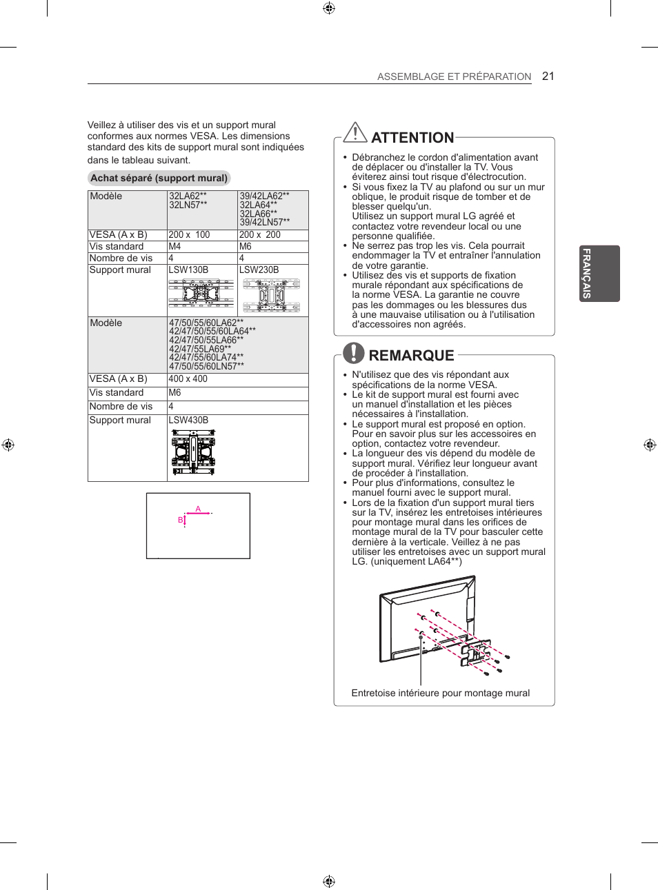 Attention, Remarque | LG 47LA640S User Manual | Page 88 / 329