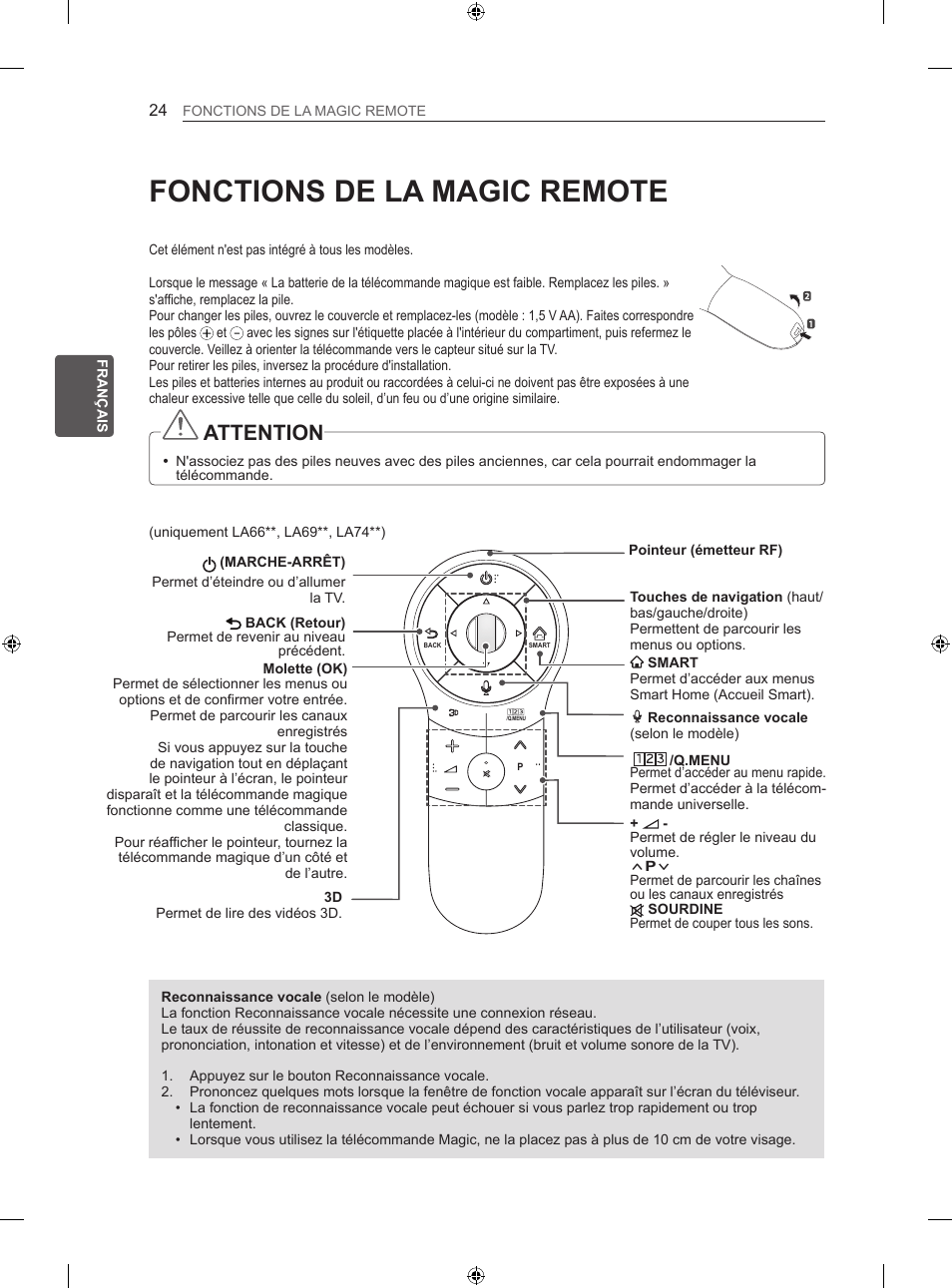 Fonctions de la magic remote, Attention | LG 47LA640S User Manual | Page 91 / 329