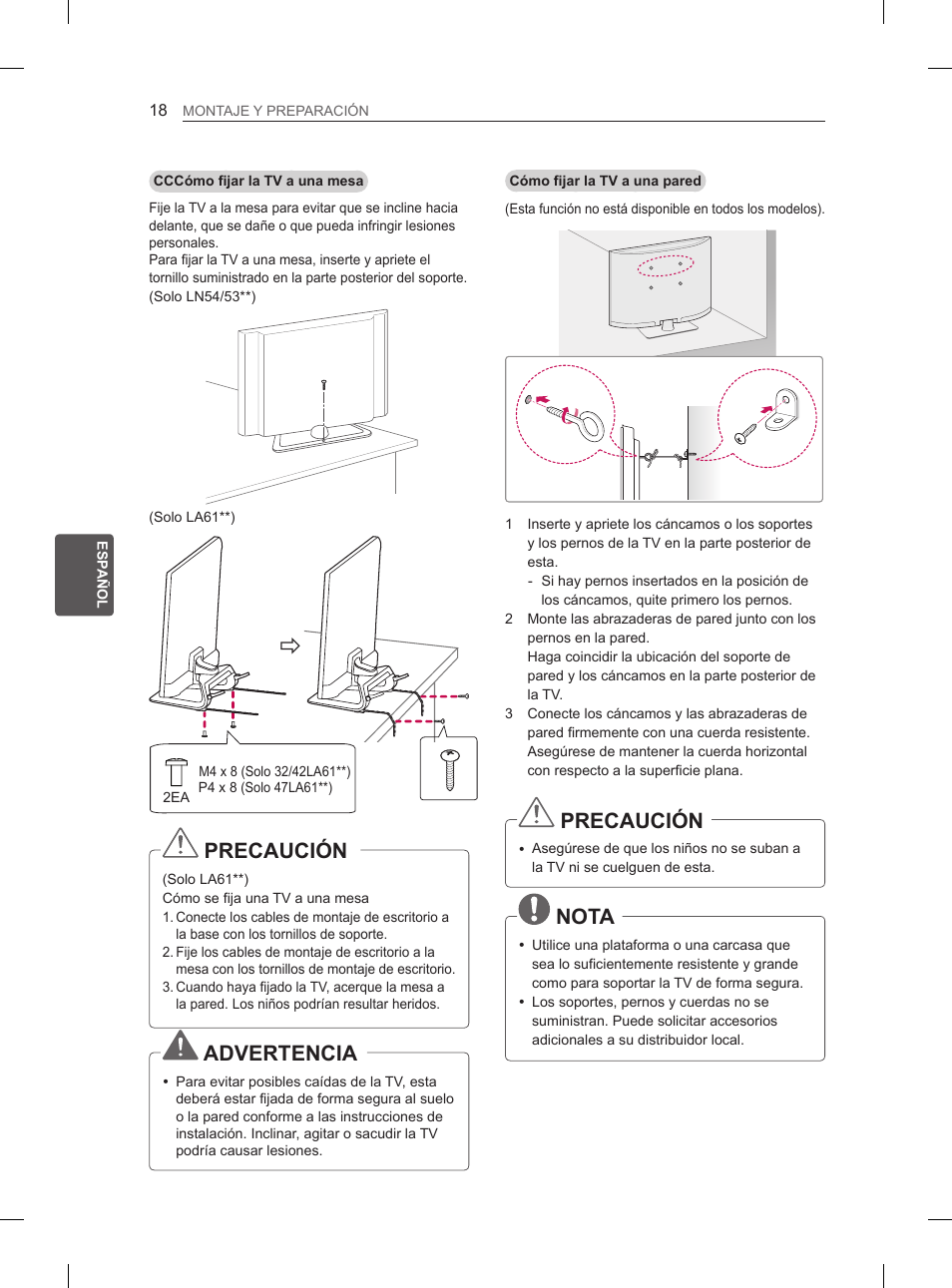 Precaución, Advertencia, Nota | LG 47LA6130 User Manual | Page 118 / 252