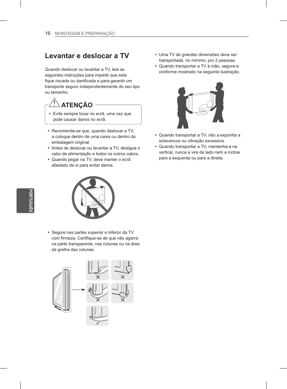 Levantar e deslocar a tv, Atenção | LG 47LA6130 User Manual | Page 140 / 252