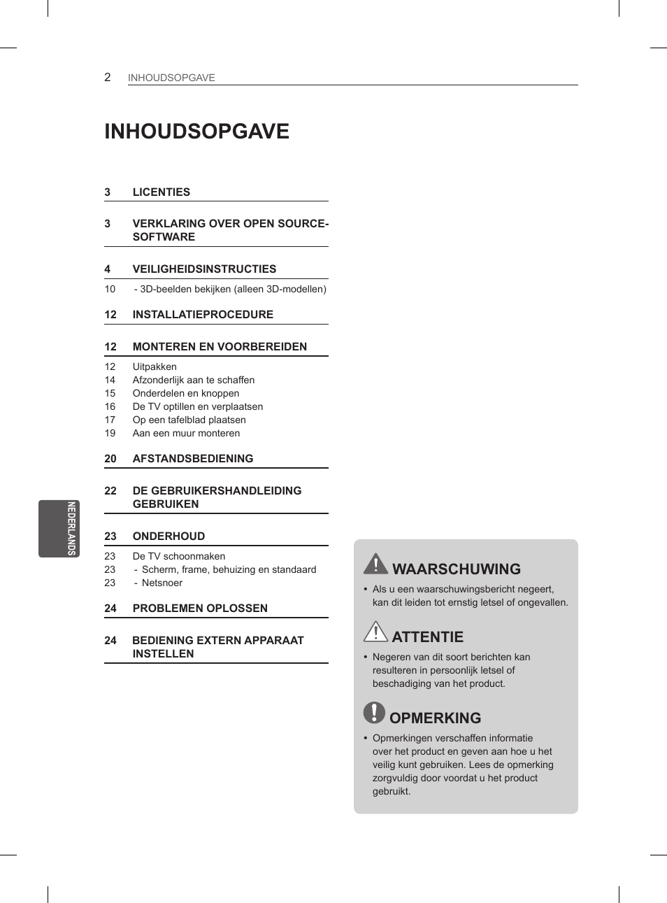 Inhoudsopgave, Waarschuwing, Attentie | Opmerking | LG 47LA6130 User Manual | Page 150 / 252