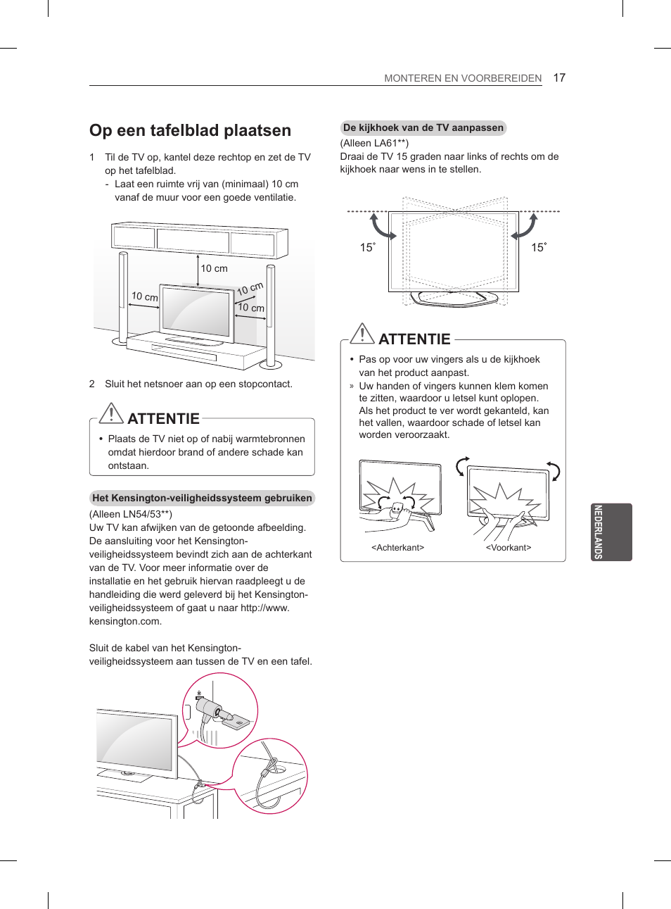 Op een tafelblad plaatsen, Attentie | LG 47LA6130 User Manual | Page 165 / 252