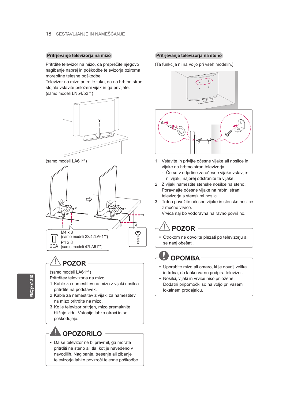 Pozor, Opozorilo, Opomba | LG 47LA6130 User Manual | Page 214 / 252