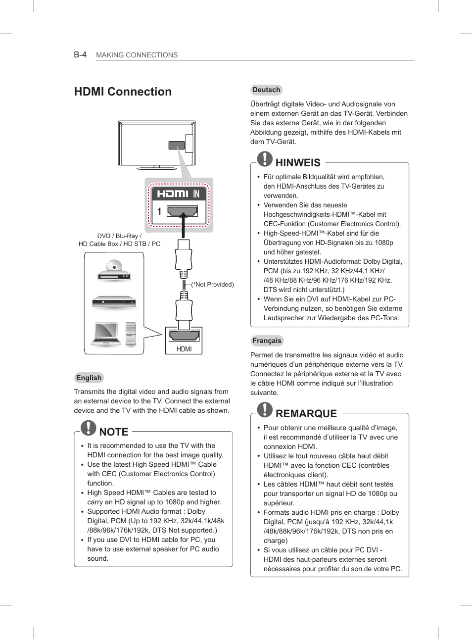 Hdmi connection, Hinweis, Remarque | LG 47LA6130 User Manual | Page 224 / 252