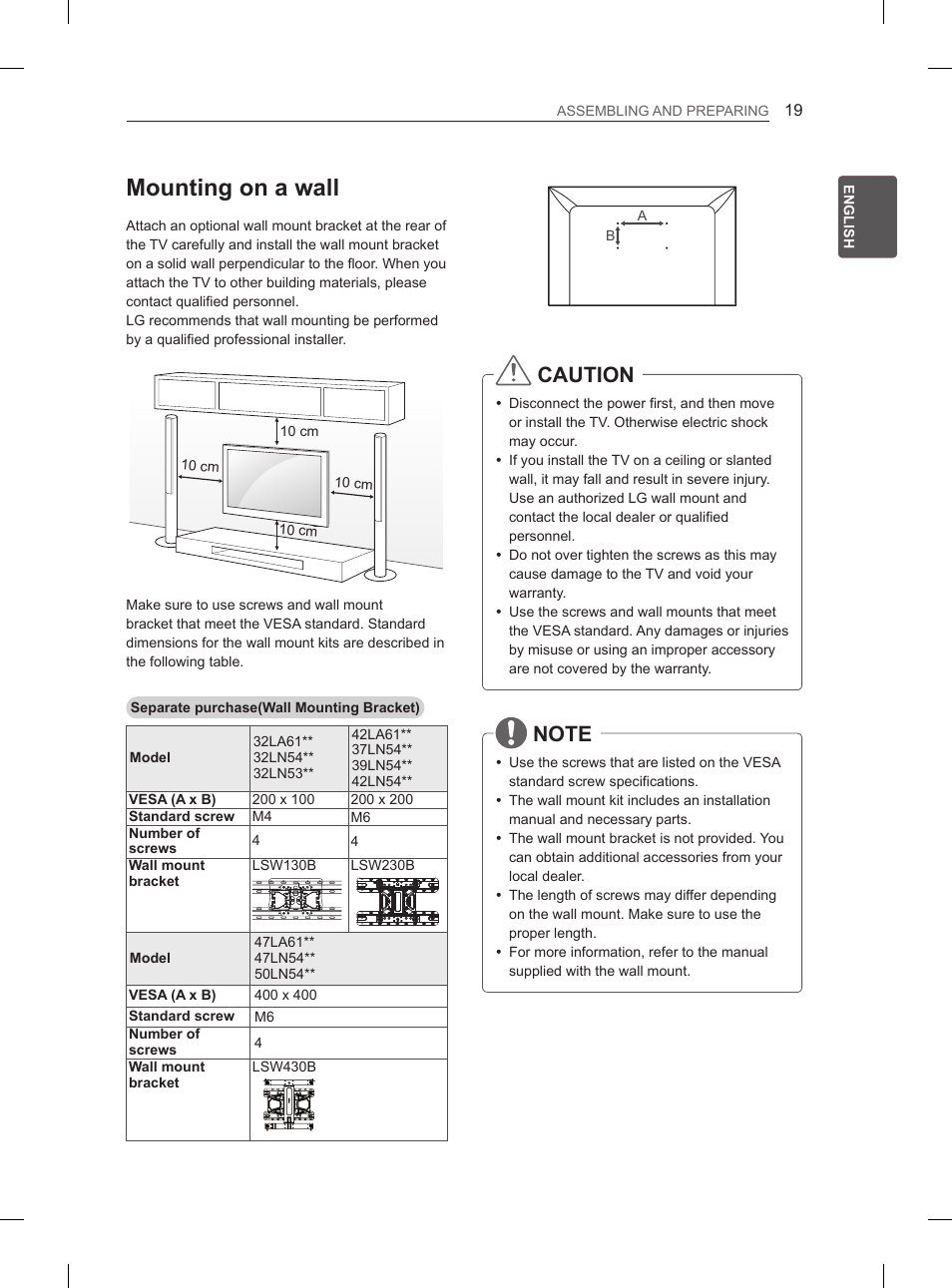 Mounting on a wall, Caution | LG 47LA6130 User Manual | Page 23 / 252