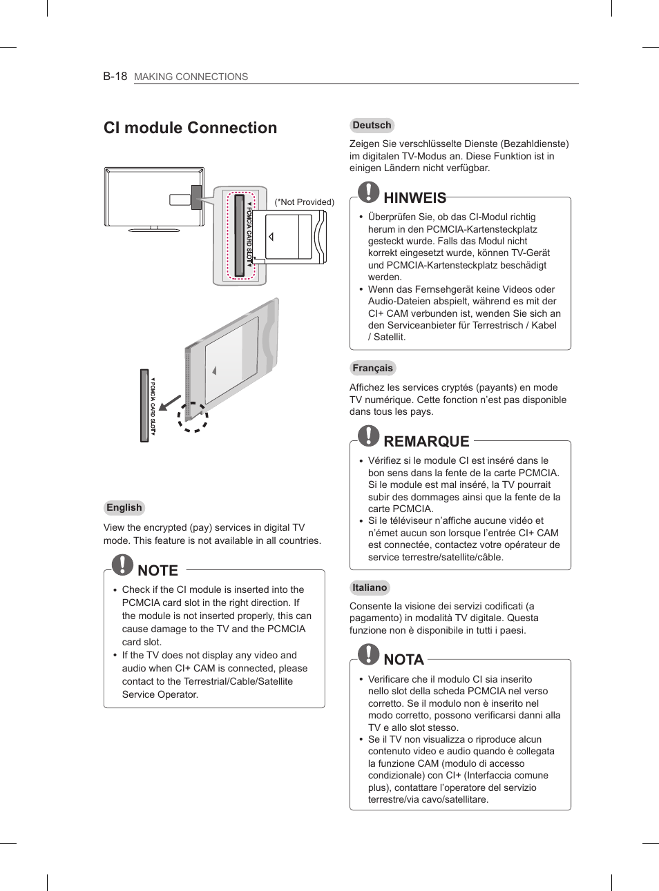 Ci module connection, Hinweis, Remarque | Nota | LG 47LA6130 User Manual | Page 238 / 252