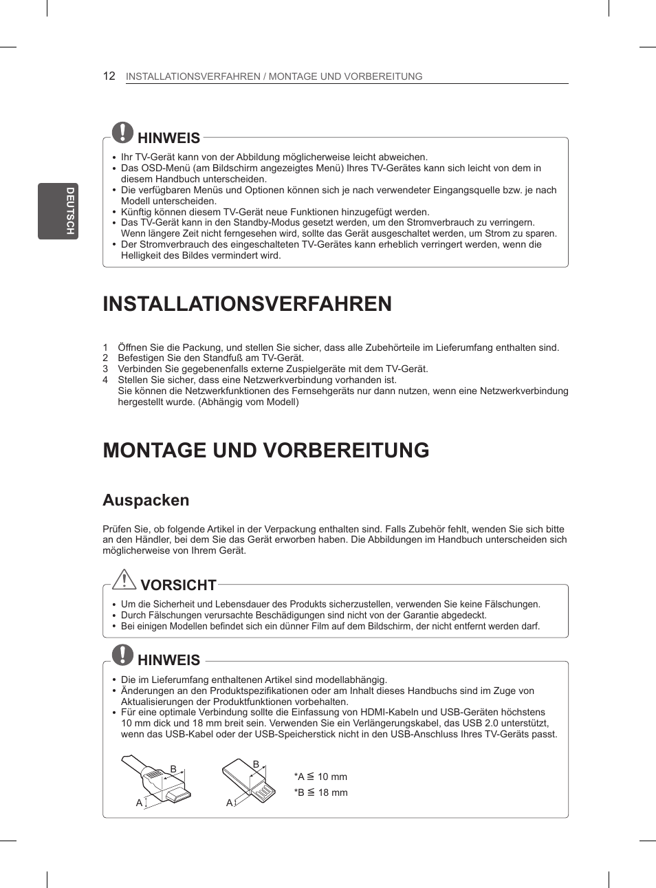 Installationsverfahren, Montage und vorbereitung, Auspacken | Hinweis, Vorsicht | LG 47LA6130 User Manual | Page 40 / 252