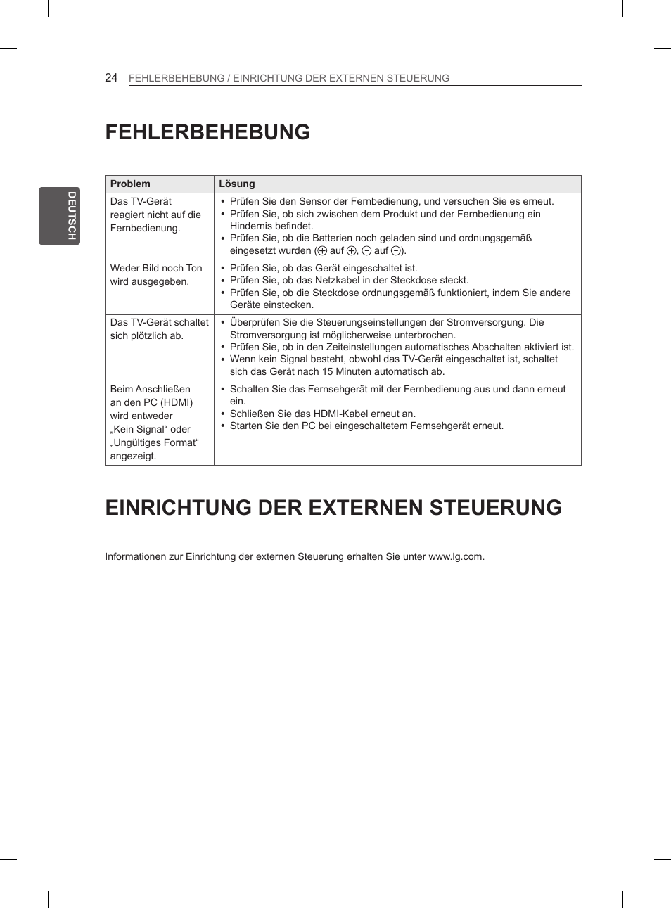 Fehlerbehebung, Einrichtung der externen steuerung | LG 47LA6130 User Manual | Page 52 / 252