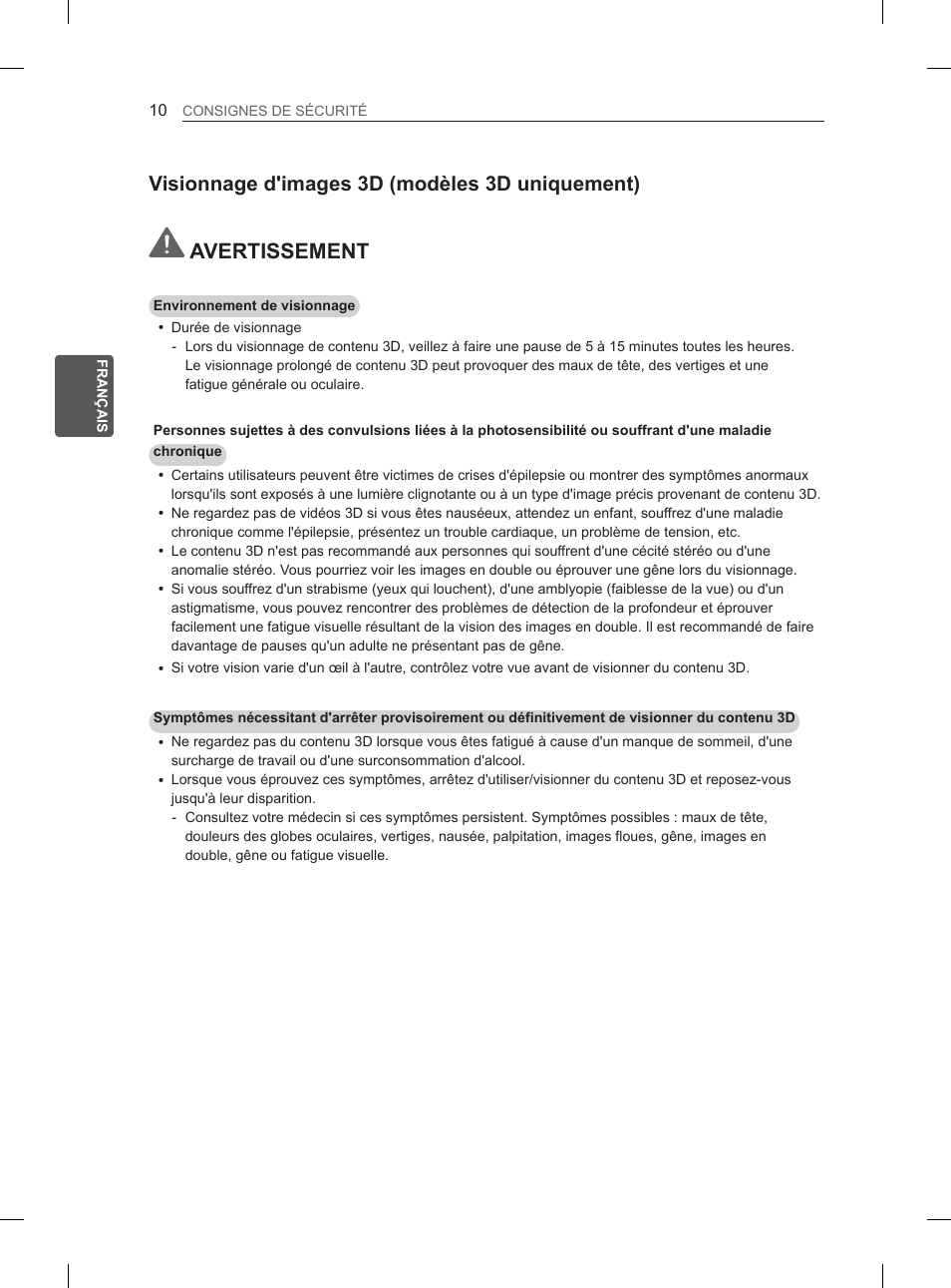 Avertissement, Visionnage d'images 3d (modèles 3d uniquement) | LG 47LA6130 User Manual | Page 62 / 252